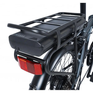 Rear view of the Falcon Compact electric folding bike showing the integrated battery pack and rear rack.