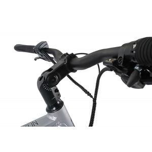 Close-up of the Falcon Horizon crossbar electric bike handlebar, showing adjustable stem, control display, and ergonomic grips.