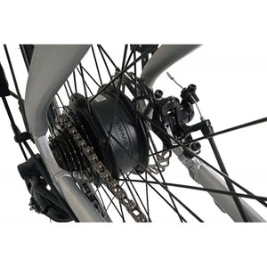 Close-up of the Bafang rear hub motor and gear system on the Falcon Horizon Crossbar electric bike.