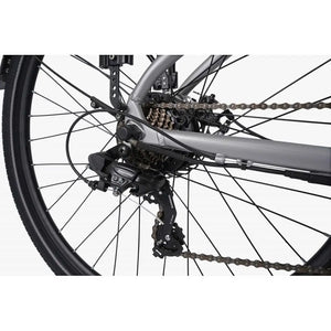 Rear gear system and chain of the Falcon Horizon Crossbar electric hybrid bike, showing drivetrain components.