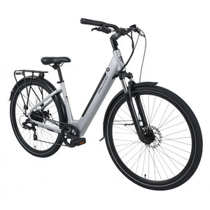 Angled view of the Falcon Horizon low step electric bike in silver, featuring integrated battery, rear rack, and front suspension.