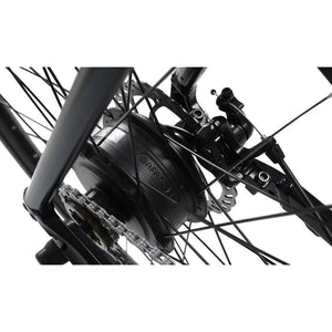 Close-up of the Falcon Zone Single Speed electric hybrid bike’s Bafang 250W rear hub motor and chain drive.