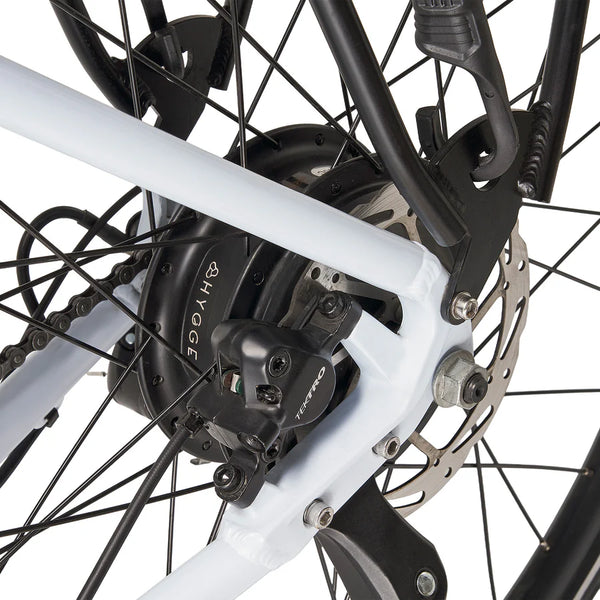 Detail view of the rear hub motor and Shimano Altus gears on the Hygge Lossø commuter bike.