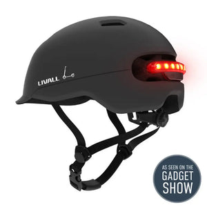 Rear view of the Livall C20 smart cycle helmet with red LED light turned on.