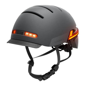 Side view of the Livall BH51M Neo smart cycling helmet in black, featuring integrated LED rear lights and adjustable straps.