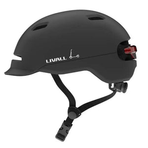 Left side profile of the Livall C20 smart cycle helmet with a scooter icon and LED rear light visible.