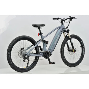Revom M1 full-suspension e-MTB rear angle showing frame design and suspension system.