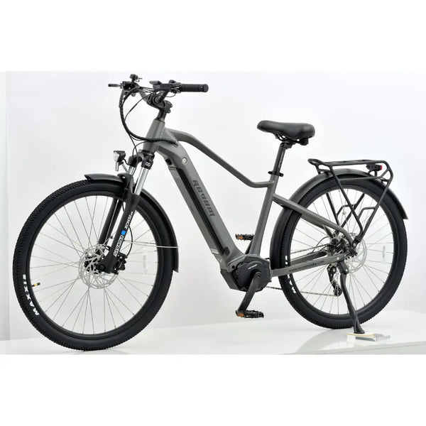 Front angle of the Revom S1 ATB electric bike, showing the front suspension and disc brakes.