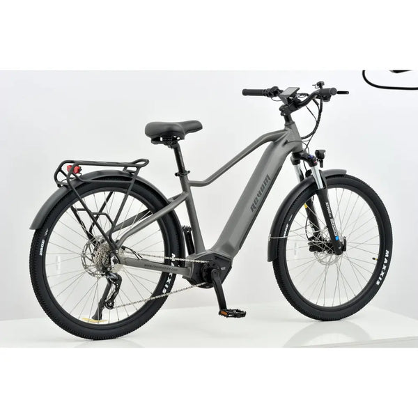 Rear angle of the Revom S1 ATB electric bike, showing the front suspension and disc brakes.