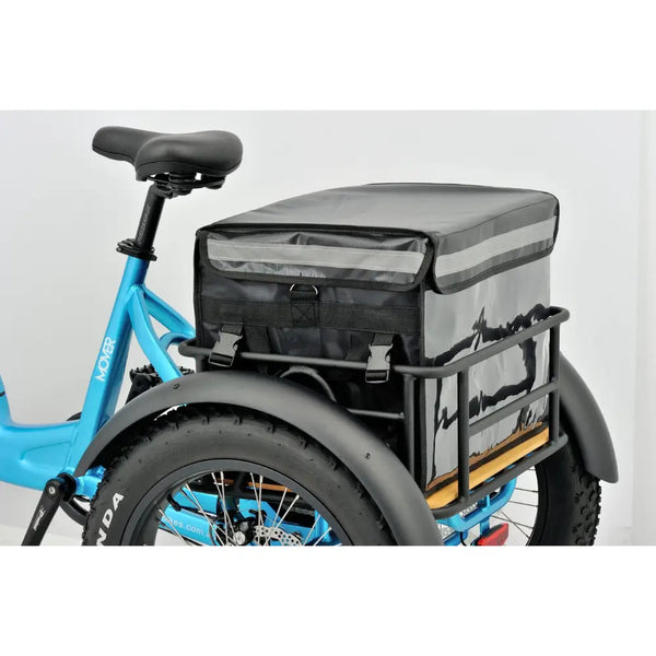 Rear close-up of the Revom T1F Electric Tricycle in blue fitted with a large black insulated delivery bag in the cargo basket.