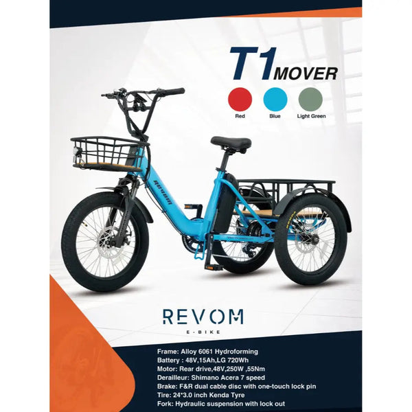 Promotional image of the Revom T1F electric tricycle in blue, highlighting its cargo baskets, 250W motor, and Shimano 7-speed drivetrain.