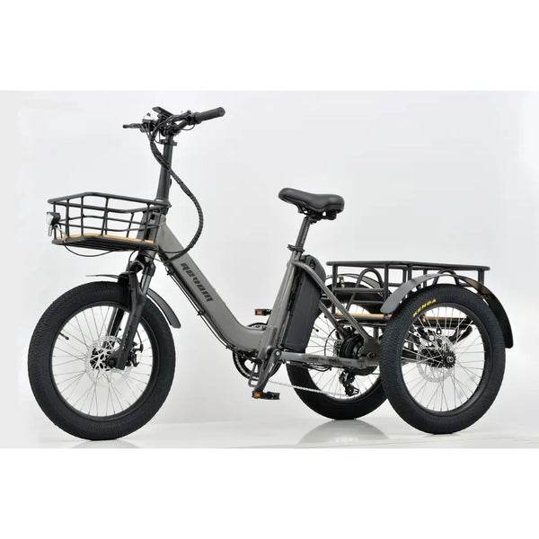 Left side view of the grey Revom T1F Folding Urban Electric Tricycle Cargo Bike 250W with front and rear cargo baskets.