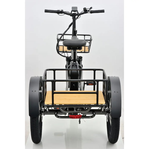 Rear view of the Revom T1F Folding Urban Electric Tricycle in grey with large rear cargo basket.