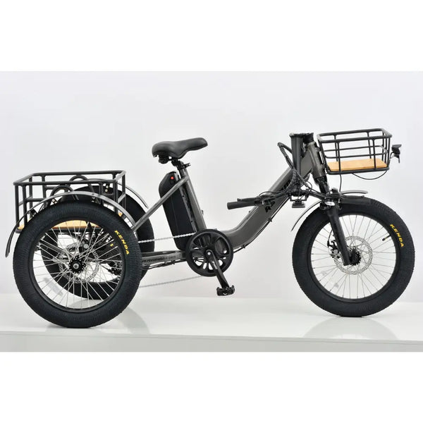 Side view of the Revom T1F Folding Urban Electric Tricycle in matte grey, featuring front and rear cargo baskets and fat tyres.