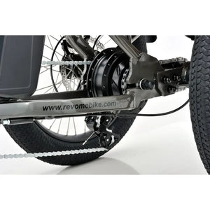 Close-up view of the rear hub motor and drivetrain on the Revom T1F Electric Tricycle in matte grey.