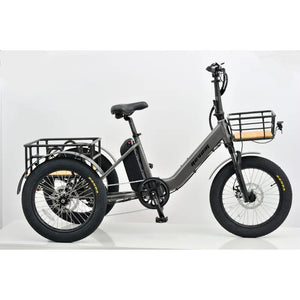 Side view of the Revom T1F Folding Urban Electric Tricycle in matte grey with front and rear cargo baskets, built for urban transport and storage.