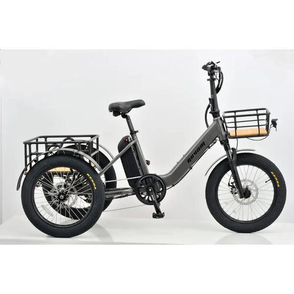 Side view of the Revom T1F Folding Urban Electric Tricycle in matte grey with front and rear cargo baskets, built for urban transport and storage.