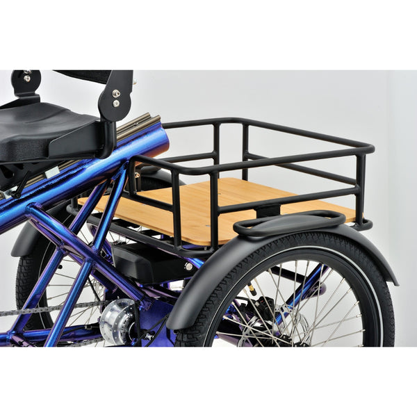 Close-up of the Revom T4 Semi Recumbent Electric Tricycle’s cargo area, showing the black metal frame and wooden platform above the rear wheels.