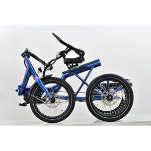 Right side view of the folded Revom T4 Semi Recumbent Electric Tricycle Cargo Bike 250W in blue, showcasing its compact folding frame.