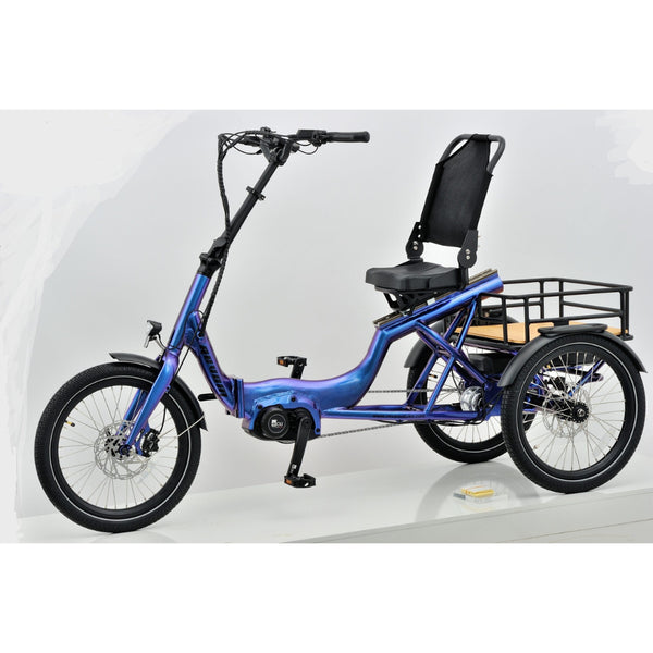 Left side view of the Revom T4 Semi Recumbent Electric Tricycle Cargo Bike 250W in glossy blue, featuring a padded seat with backrest and a spacious rear cargo rack with wooden base.
