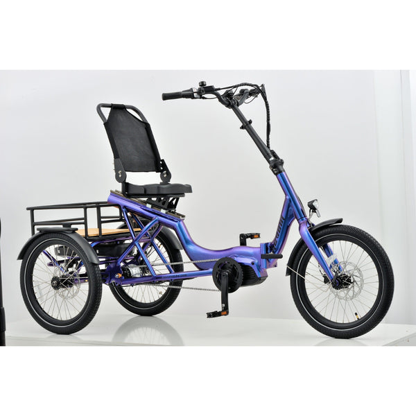Angled view of the Revom T4 Semi Recumbent Electric Tricycle Cargo Bike in blue, highlighting the ergonomic handlebars, front disc brake, and spacious rear cargo area.