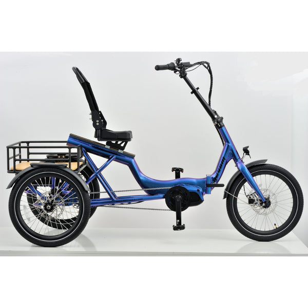 Left side view of the Revom T4 Semi Recumbent Electric Tricycle Cargo Bike in metallic blue, showcasing its sturdy frame, large rear rack, and low step-through design.