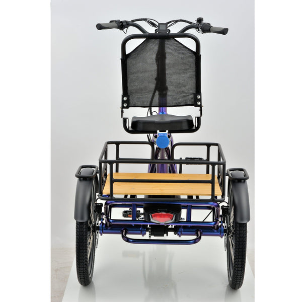 Rear view close-up of the Revom T4 Semi Recumbent Electric Tricycle’s cargo area, showing the black metal frame and wooden platform above the rear wheels.