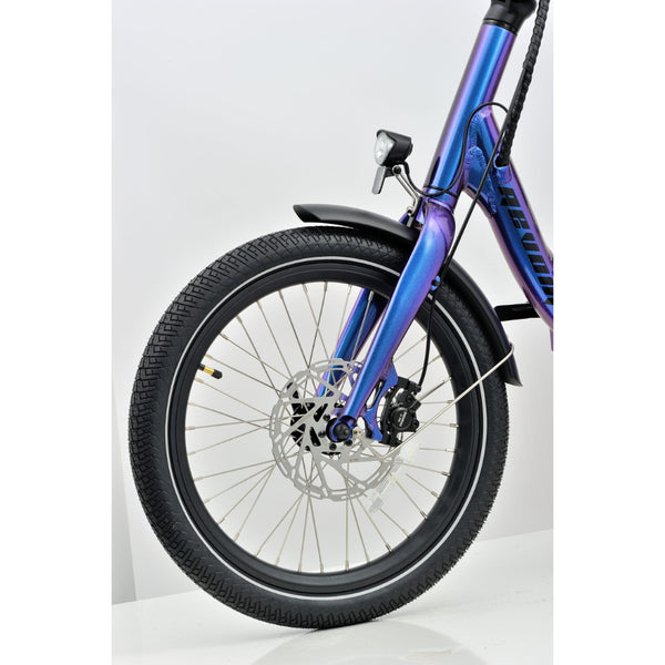 Close up view of the Revom T4 Semi Recumbent Electric Tricycle Cargo Bike 250W front wheel, showcasing the disc brake and headlight.