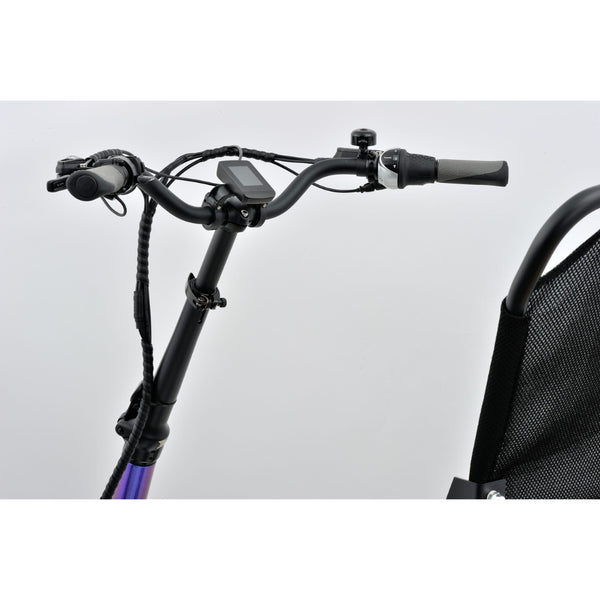 Close-up of the Revom T4 semi recumbent electric tricycle handlebar from the rider's perspective, showing the LCD display, throttle, and gear shifter.