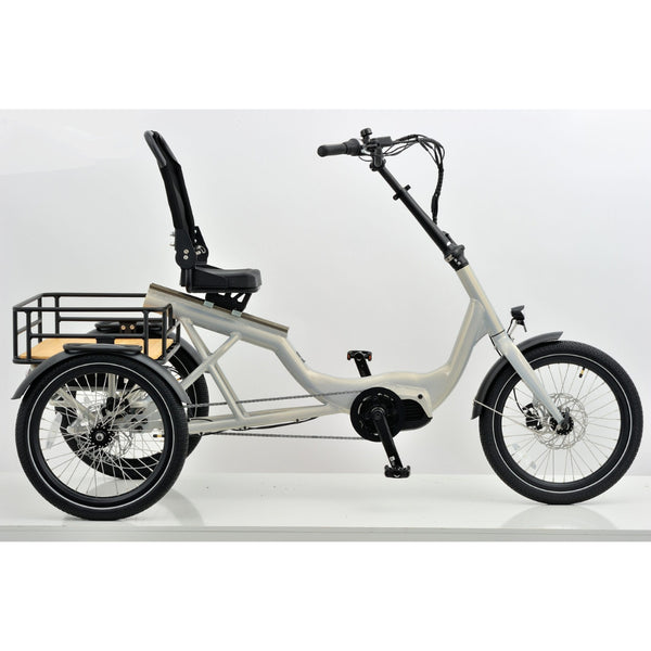 Left side view of the Revom T4 Semi Recumbent Electric Tricycle Cargo Bike in white, featuring a wide rear cargo rack and a supportive seat back.