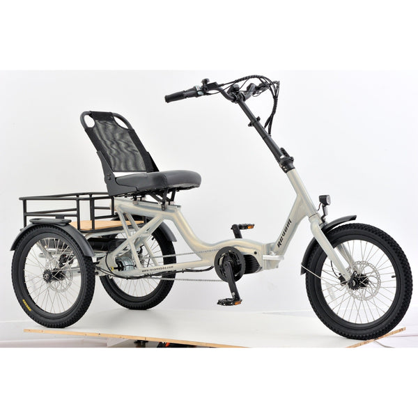Right side view of the Revom T4 Semi Recumbent Electric Tricycle Cargo Bike 250W in pearl white featuring a mesh-back seat and rear cargo rack.