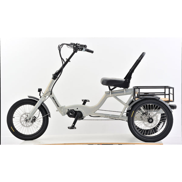 Right side view of the Revom T4 Semi Recumbent Electric Tricycle in pearl white, featuring the low-step frame, mid-drive motor, and rear cargo platform.
