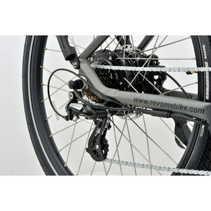 Revom U1 all-terrain e-bike rear wheel with Shimano Altus gear system.