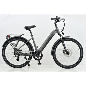 Revom U1 all-terrain e-bike in dark grey, step-through frame, side view.