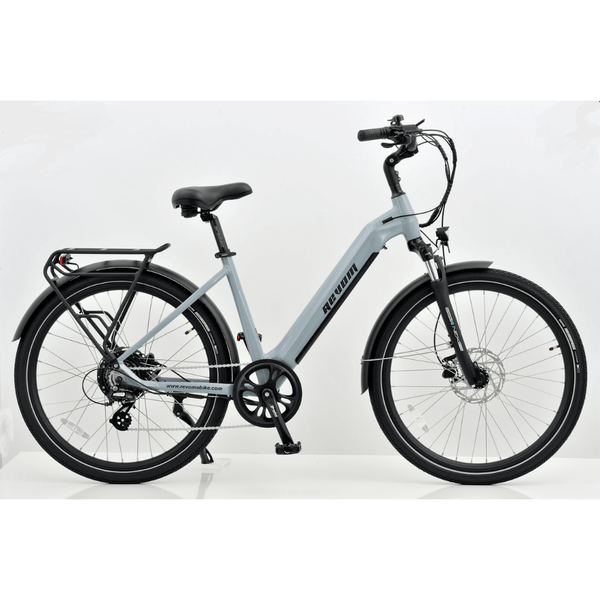 Revom U1 all-terrain e-bike in light grey, side view with step-through frame.