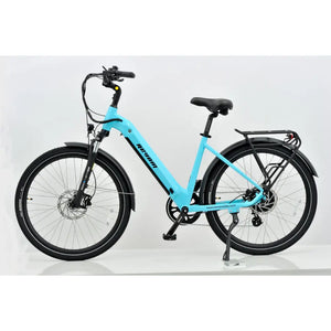 Revom U1 all-terrain e-bike in turquoise finish, step-through frame, side view.
