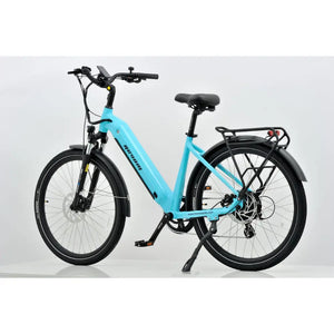 Revom U1 all-terrain electric bike turquoise, angled view with rear rack.