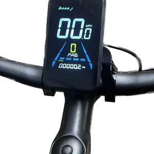 Revom U2 All-Terrain electric bike LCD display showing speed, PAS level, and trip information.