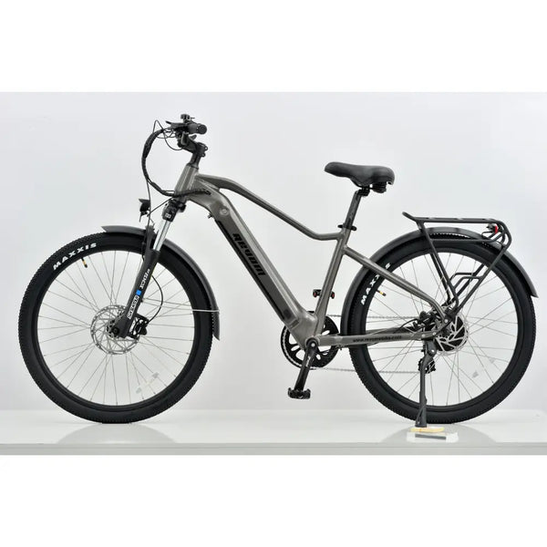 Full side profile of the Revom U2 All-Terrain Electric Bike in dark grey with rear rack and fenders