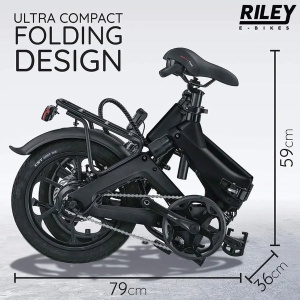 Folded compact view of the Riley RB1 Single Speed Folding Electric Bike 250W in black, with measurements 79 cm length, 36 cm width, and 59 cm height.