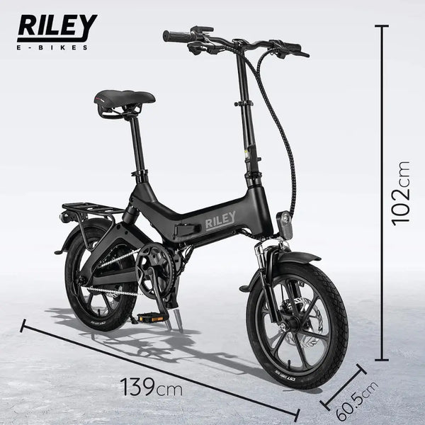 Front angled view of the Riley RB1 Single Speed Folding Electric Bike 250W in black, showing dimensions of 139 cm length, 60.5 cm width, and 102 cm height.