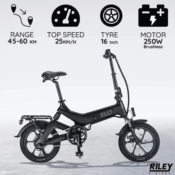 Side view of the Riley RB1 Single Speed Folding Electric Bike 250W in black, with icons highlighting 45–60 km range, 25 km/h top speed, 16-inch tyres, and brushless motor.