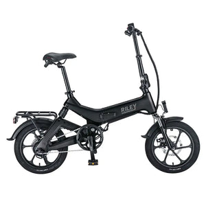 Side view of the Riley RB1 Single Speed Folding Electric Bike 250W in black with compact frame and rear rack.
