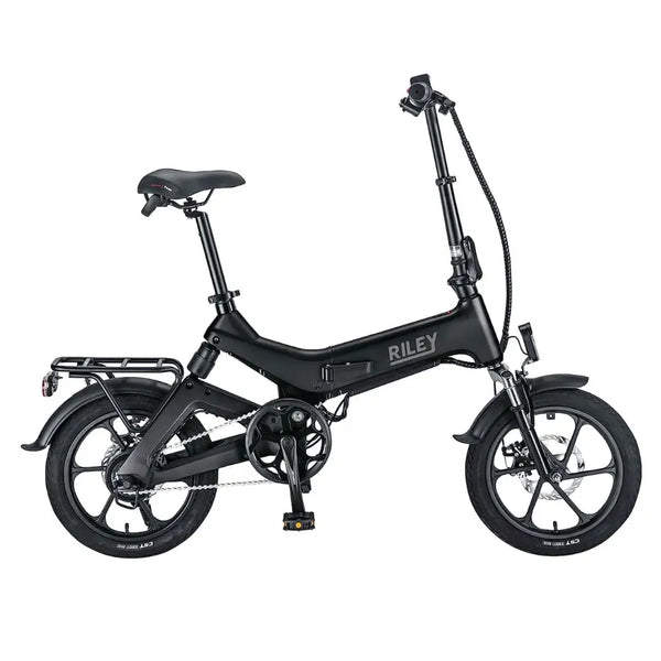 Side view of the Riley RB1 Single Speed Folding Electric Bike 250W in black with compact frame and rear rack.