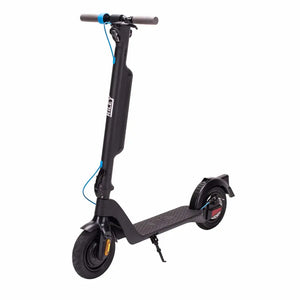Front view of the Riley RS2 V2 Electric Folding Scooter 350W with sleek black frame, wide deck, and blue cable details.
