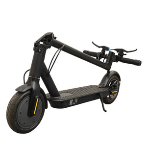 Right side view of the Riley RSX electric scooter in folded position, showing compact folding mechanism and handlebars.