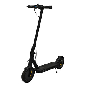 Left side view of the Riley RSX electric folding scooter in an upright position, featuring a sleek black design and front suspension.