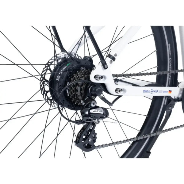 Rear wheel and Shimano Altus gear system on the Viking Urban Eco Comfort Step Through Electric Bike 250W.