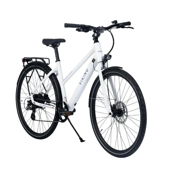 Angled front view of the Viking Urban Eco Comfort step-through electric bike 250W, highlighting its sleek white frame, fenders, and front disc brake.