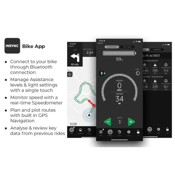 INSYNC bike app interface showing speedometer, GPS navigation, and ride data features for the Viking Urban Eco Comfort Step Through Electric Bike 250W.